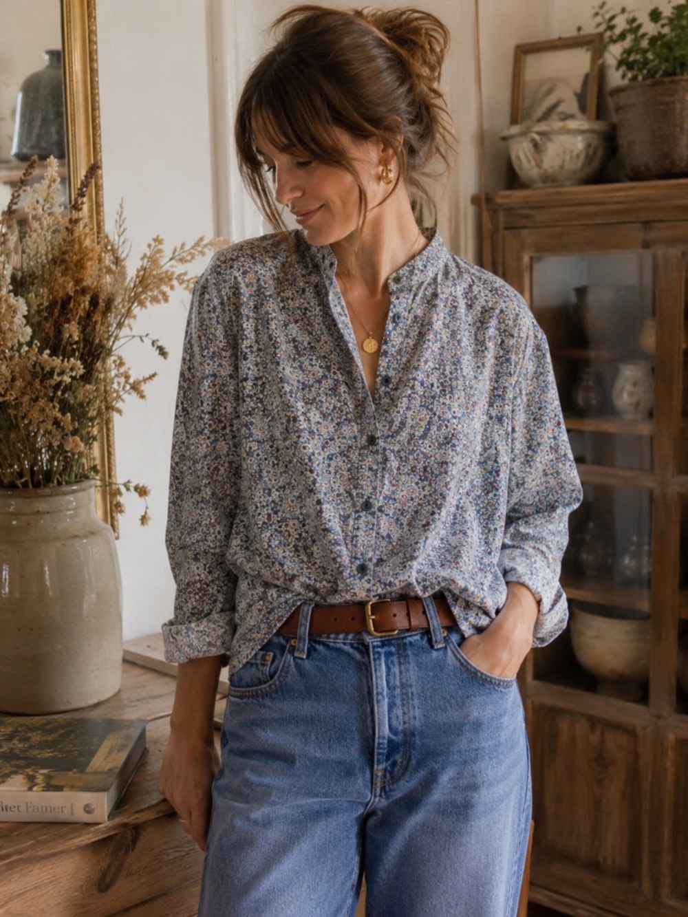 Tradition Country Collection Floral Cotton Blouse Size 16 Cottagecore Blue